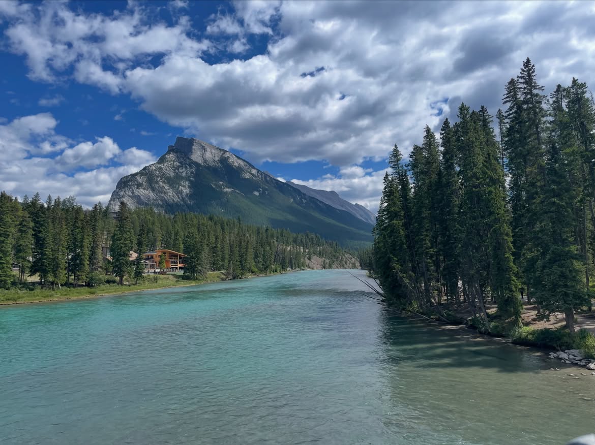 Cascade Mountain rising above the Bow River near the Banff townsite